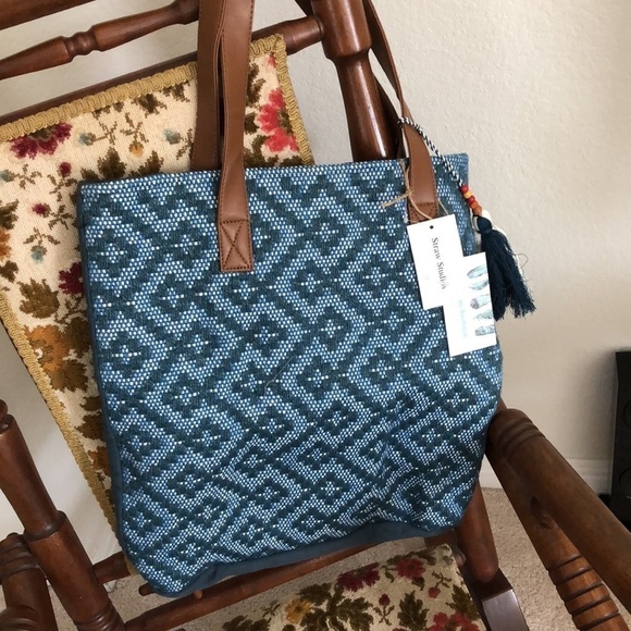 Blue Jute Tile Print Canvas Tote NWT - Picture 4 of 9